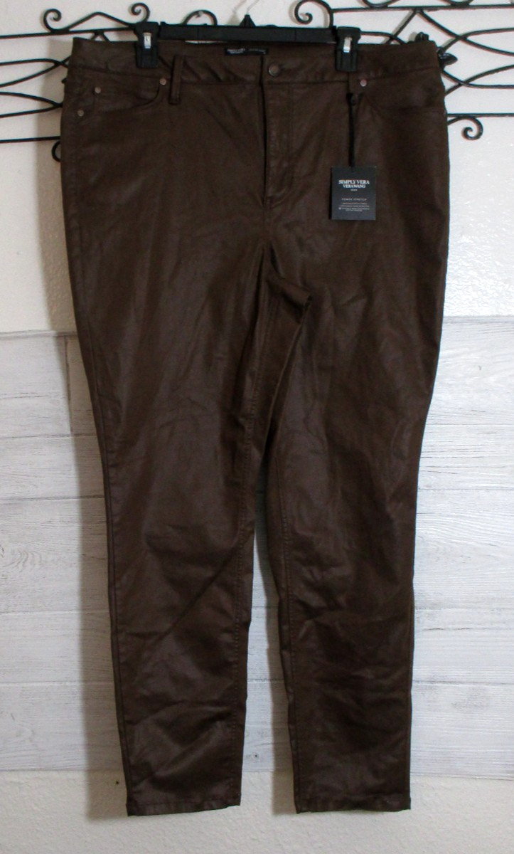 Simply Vera Wang Biker Pants Women\'s Size 18 Brown Faux Leather Skinny High Rise