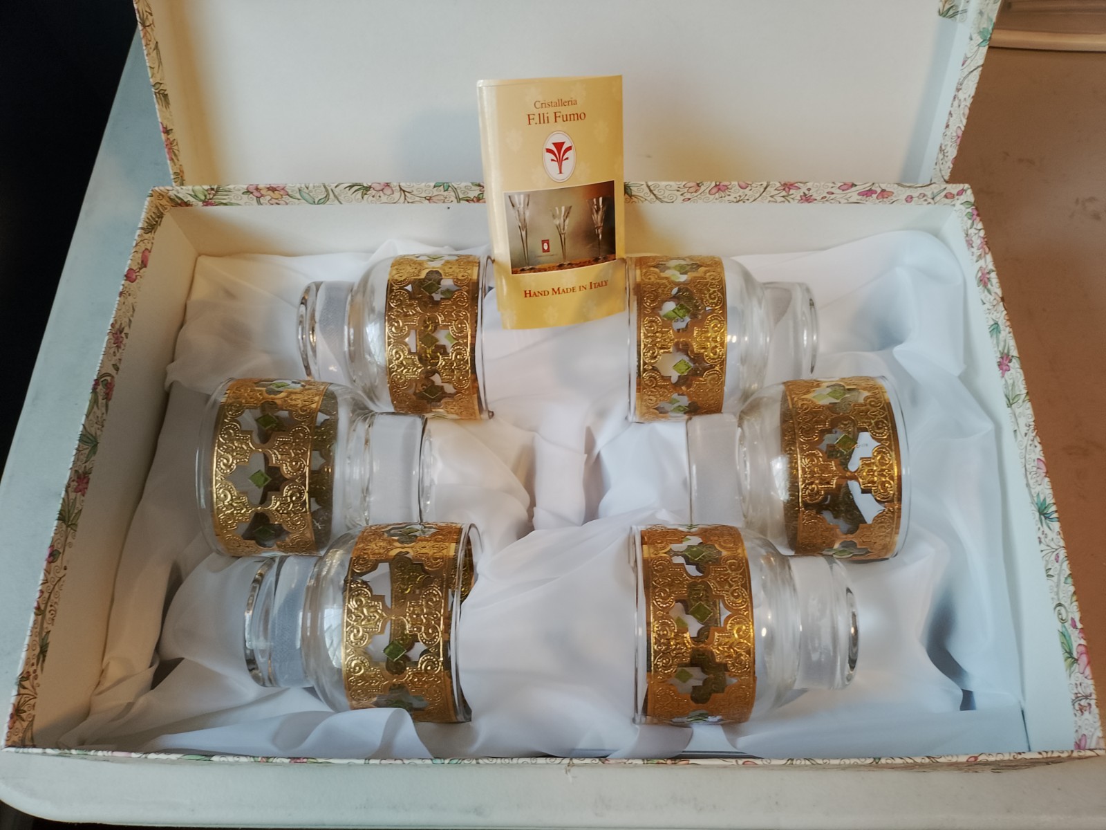 Cristalleria Fratelli Fumo 24K Gold Rim set of 6 Glasses Hand Made In Italy