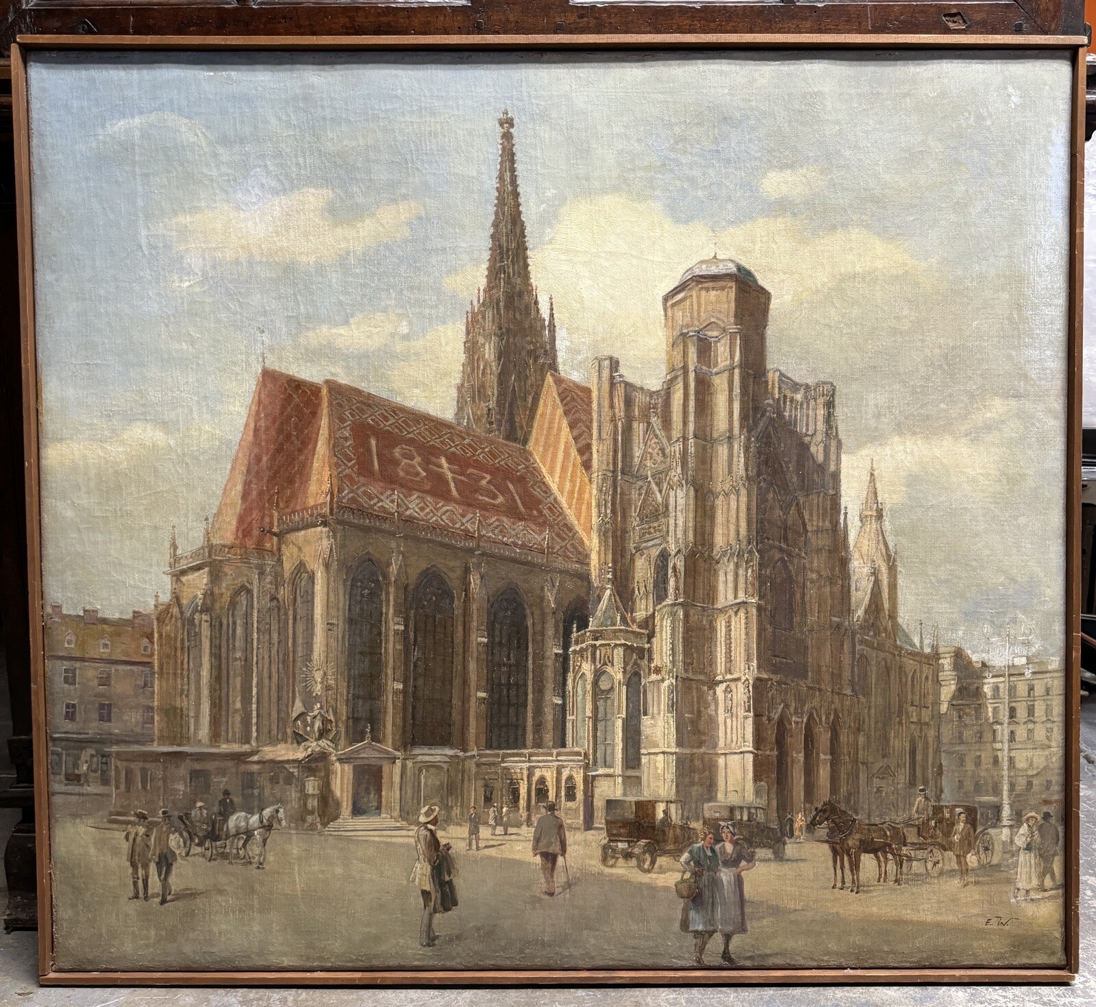 Antique St. Stephen’s Gothic Cathedral Oil Painting Edvard Weie Vienna Cityscape