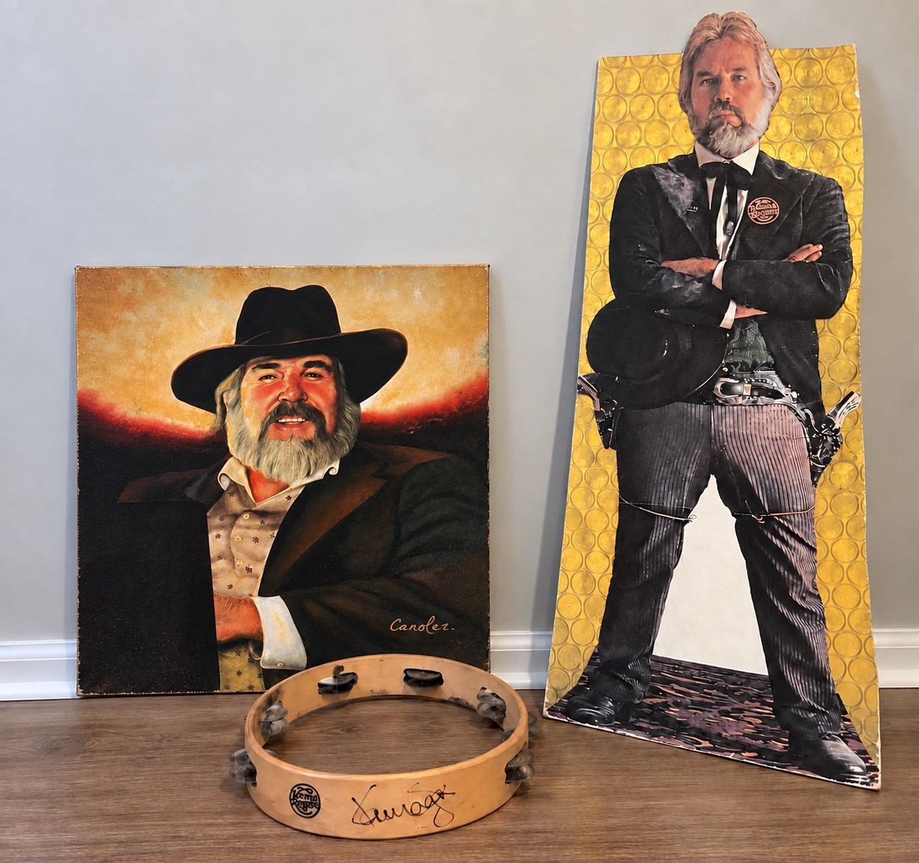 Kenny Rogers Signed Tambourine Lot Painting & 6 Ft Life Size Standee Cutout