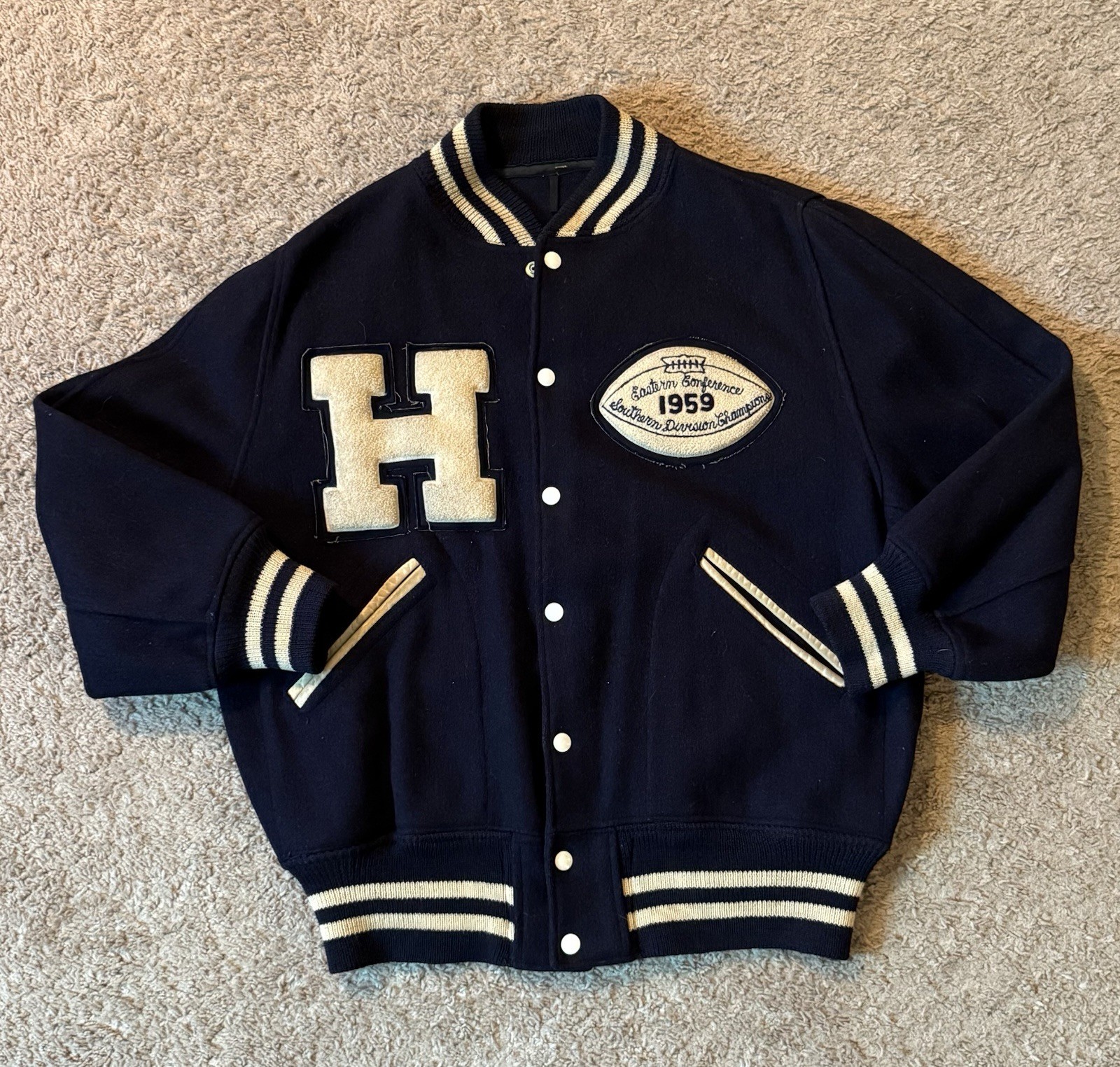 Vintage 1950s conference Champions Butwin Varsity Jacket Navy White Size 42 Wool