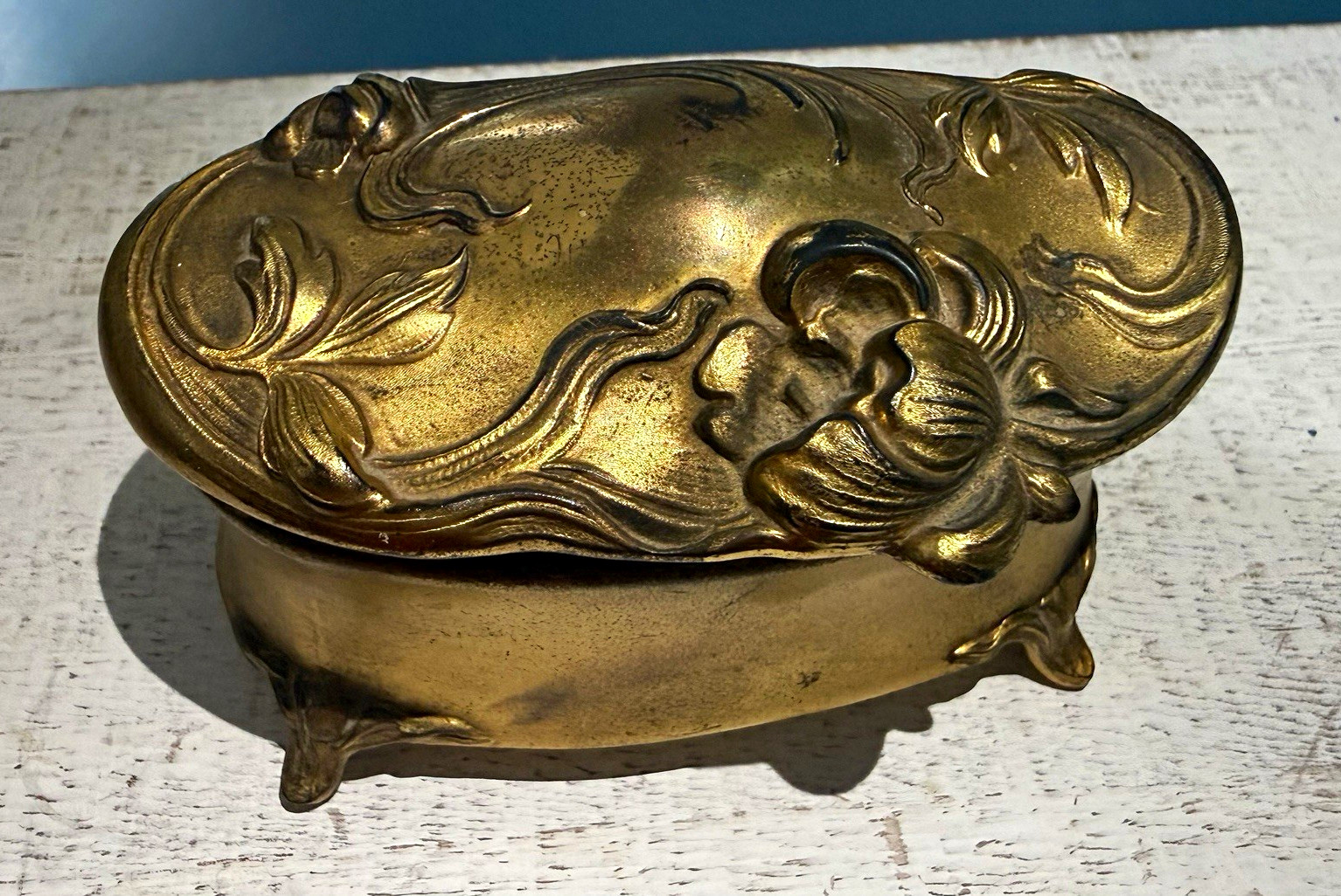 Gold-Tone Art Nouveau Style Ornate Oval Hinged Trinket Box Woman Face Lid “365”