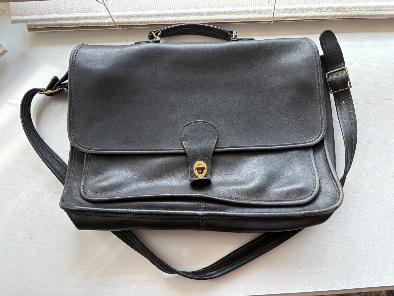 Vintage Coach Turn Lock Black Leather Briefcase with Shoulder Strap