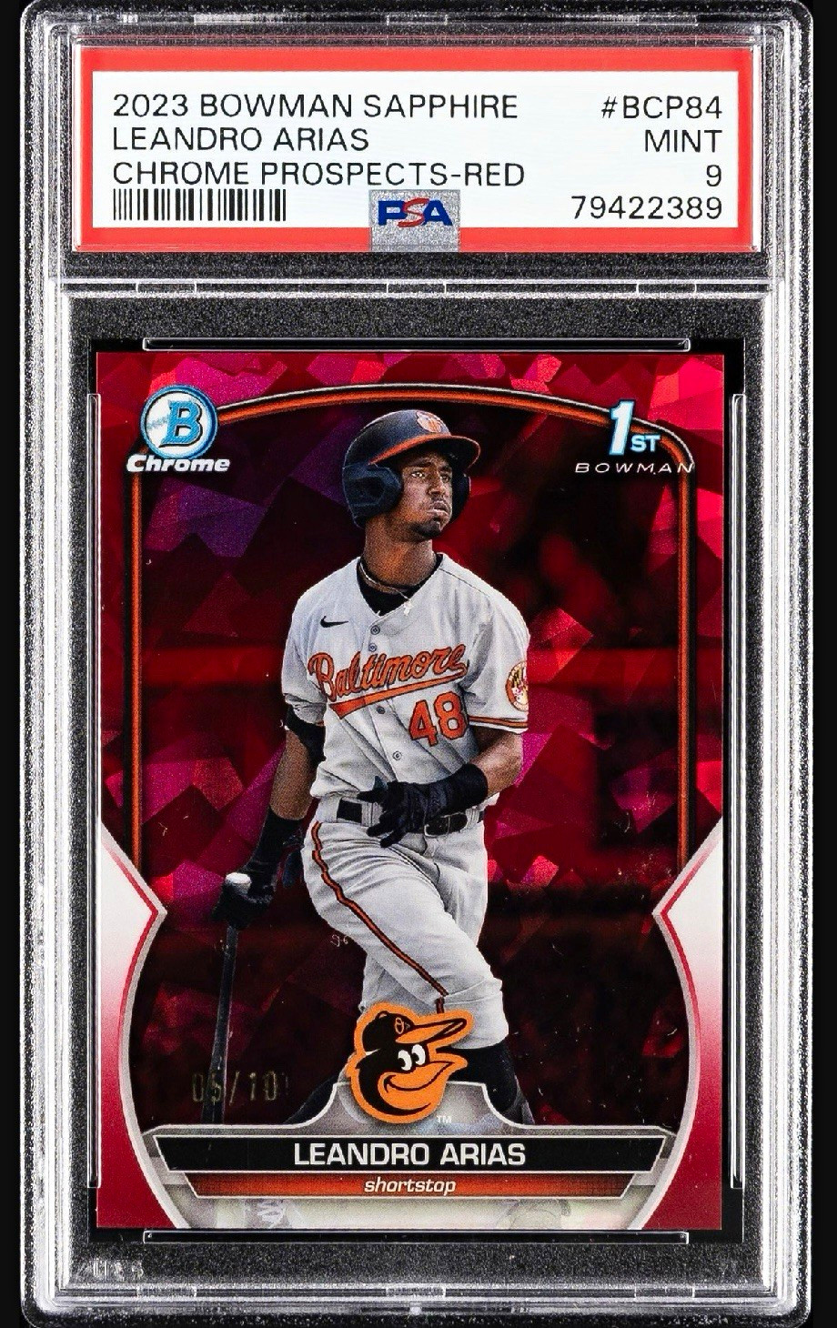 Bowman 2023 Sapphire Chrome Prospects Leandro Arias 1st Red #BCP-84 /10 PSA 9 Bowman 2023 Sapphire Chrome Prospects Leandro Arias 1st Red #BCP-84 /10 PSA 9