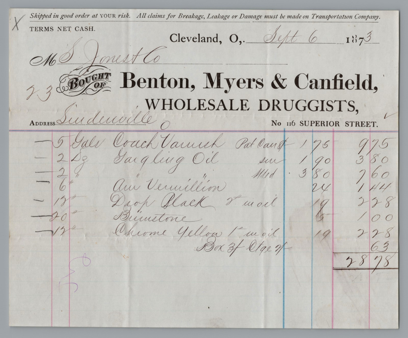 1874 Billhead Benton, Myers & Canfield, DRUGGISTS, Cleveland OH RARE 1874 Billhead Benton, Myers & Canfield, DRUGGISTS, Cleveland OH RARE