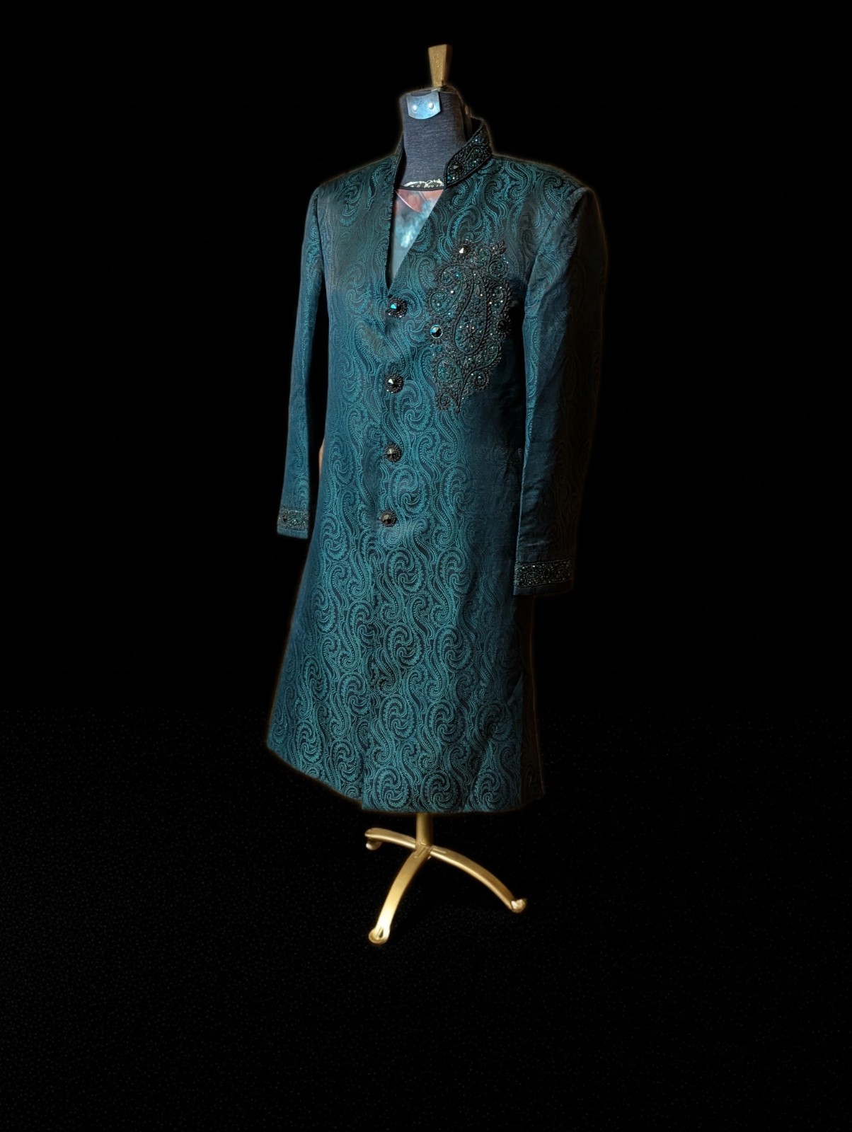 VTG 2005 Asymmetric Art Silk Sherwani Indo-Western Prince Coat Teal Paisley M/L