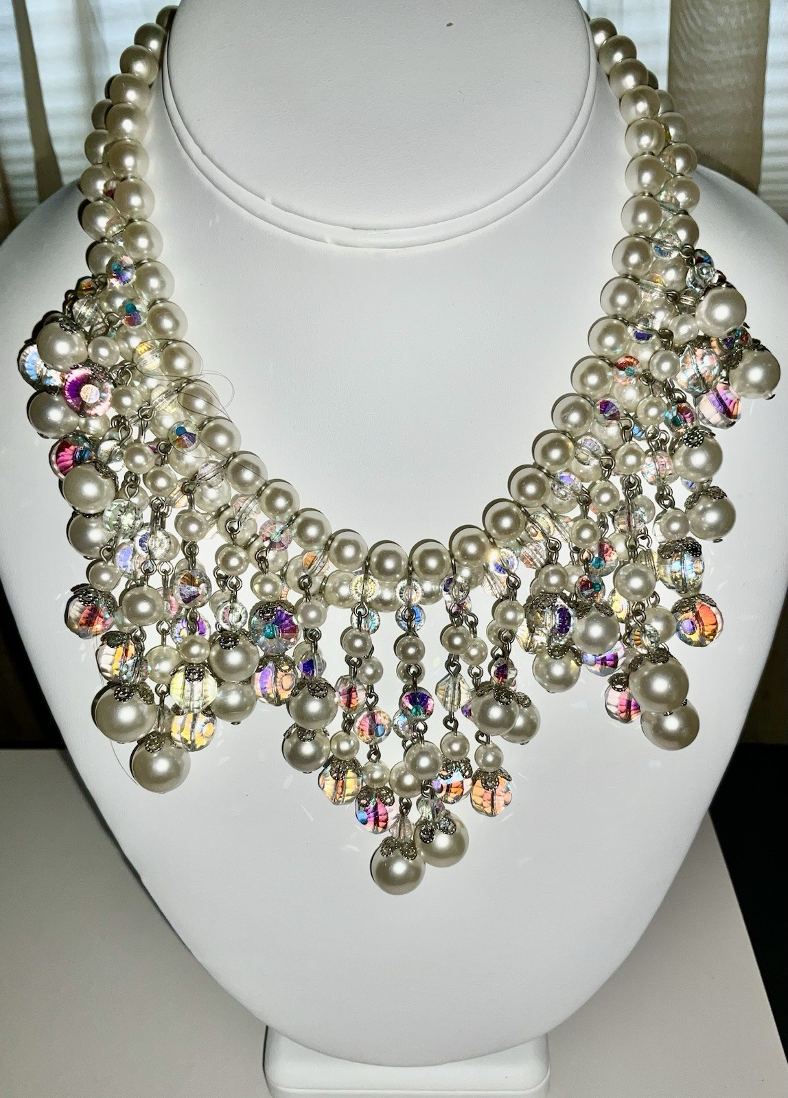 Vintage Vendome Faceted AB Glass & Faux Pearl Fringe Statement Huge Necklace Vintage Vendome Faceted AB Glass & Faux Pearl Fringe Statement Huge Necklace