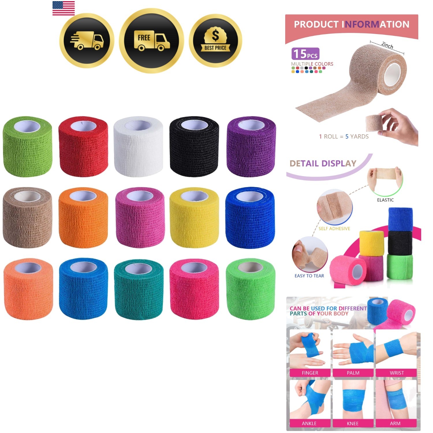 15 Pack 2 Inch x 5 Yards Self Adhesive Bandage Breathable Cohesive Bandage Wr... 15 Pack 2 Inch x 5 Yards Self Adhesive Bandage Breathable Cohesive Bandage Wr...