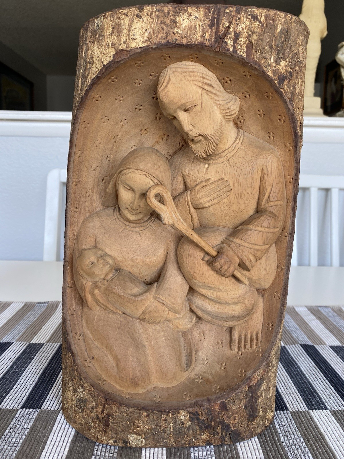 Hand Carved Wood Nativity Scene Log Sculpture Mary Joseph Baby Jesus 11in