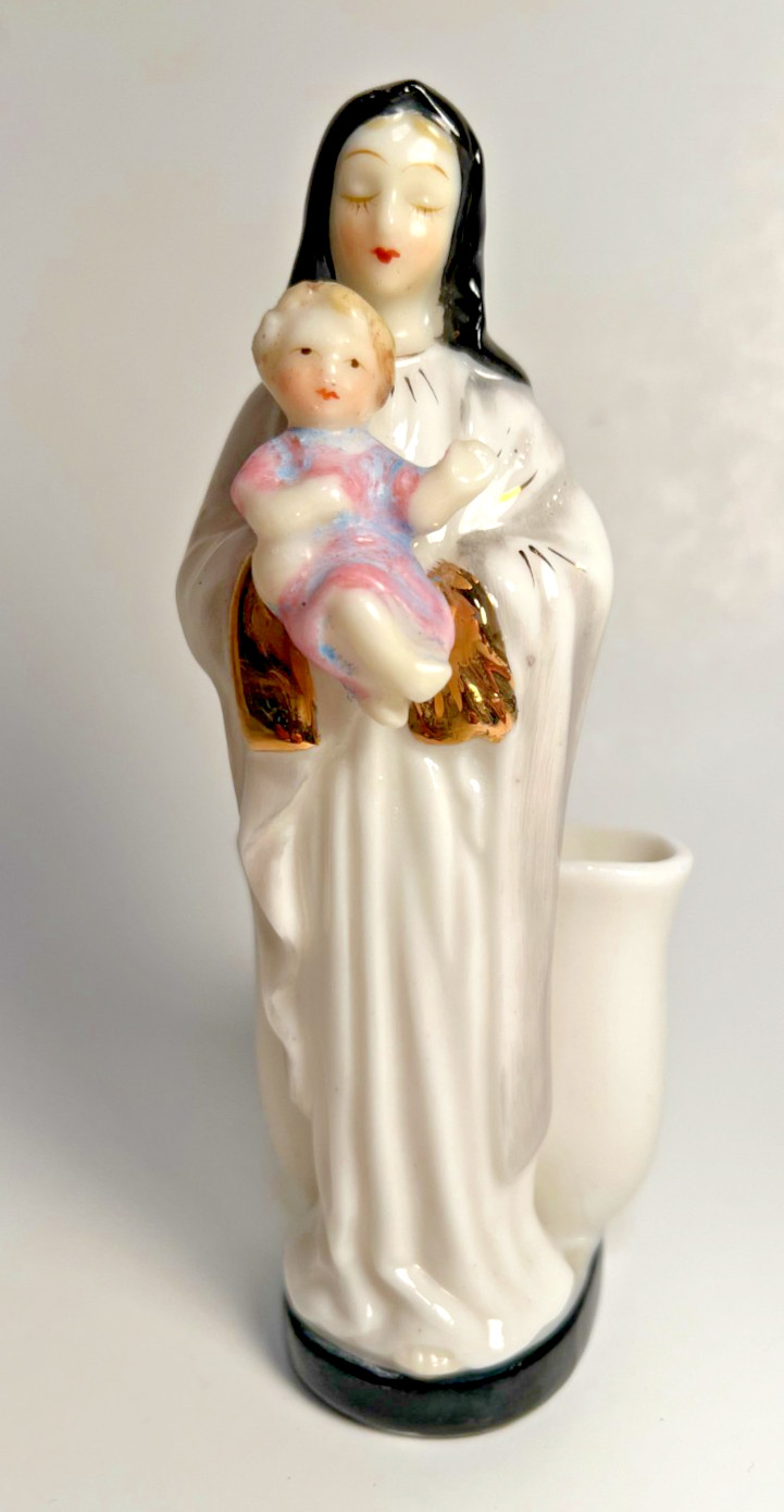 Vintage Mid Century Ceramic Madonna & Child Planter Rosary Holder Japan 1950s