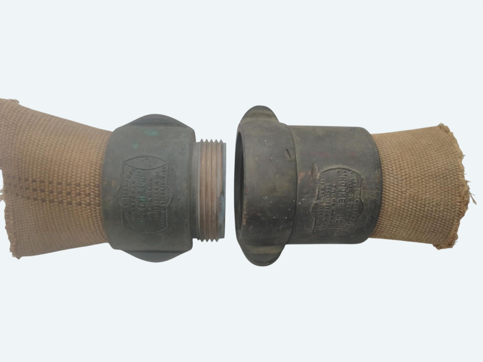 Vintage 1930s Akron Brass Co. Rocker Lug 3 Inch Fire Hose Coupling Set Vintage 1930s Akron Brass Co. Rocker Lug 3 Inch Fire Hose Coupling Set
