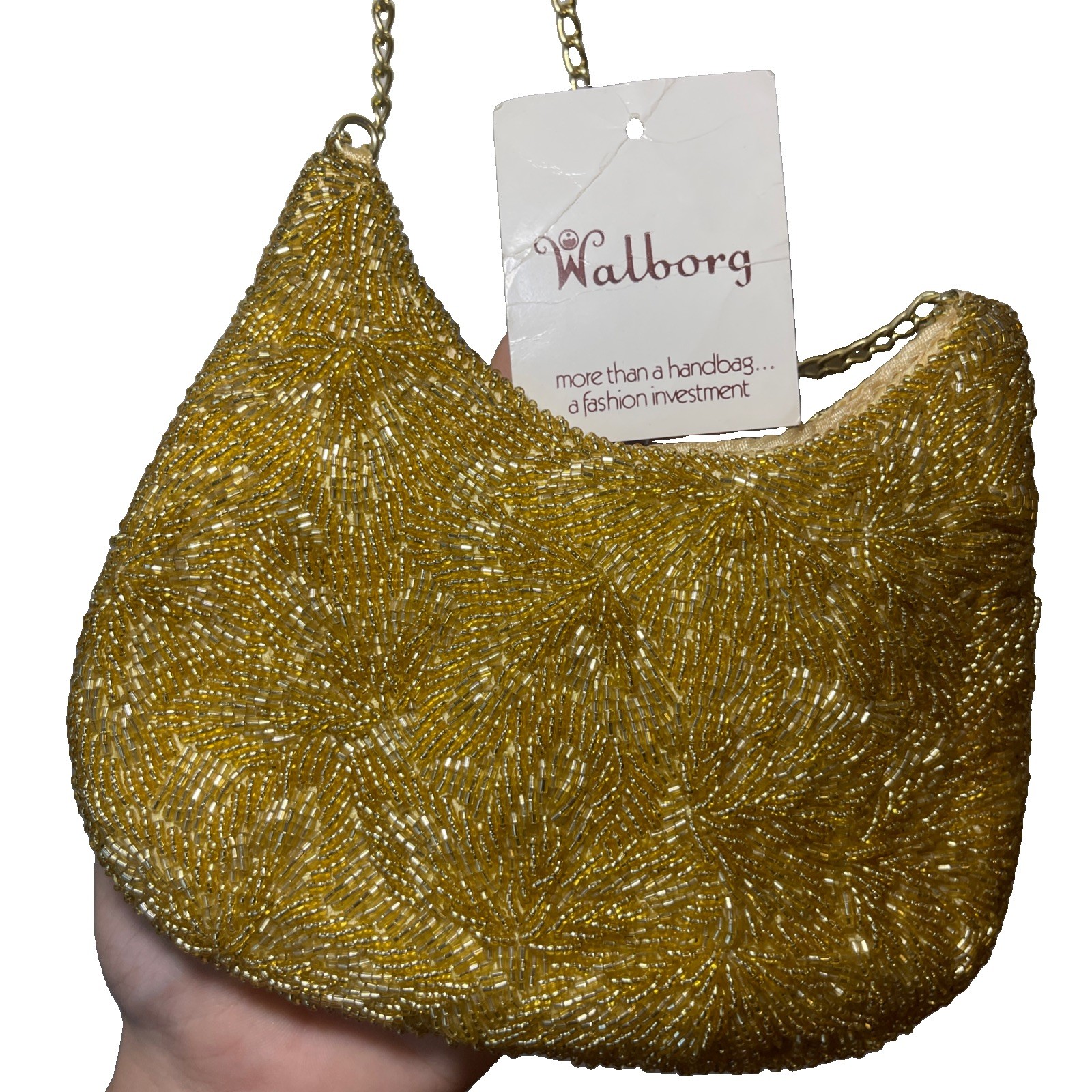 Vintage 1950\'s Walborg Gold Beaded Purse Evening Bag w/ Long Gold Chain NWT