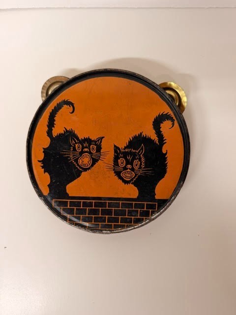 Antique c1925 J Chein Halloween Tin Litho Tambourine Noisemaker Black Cats