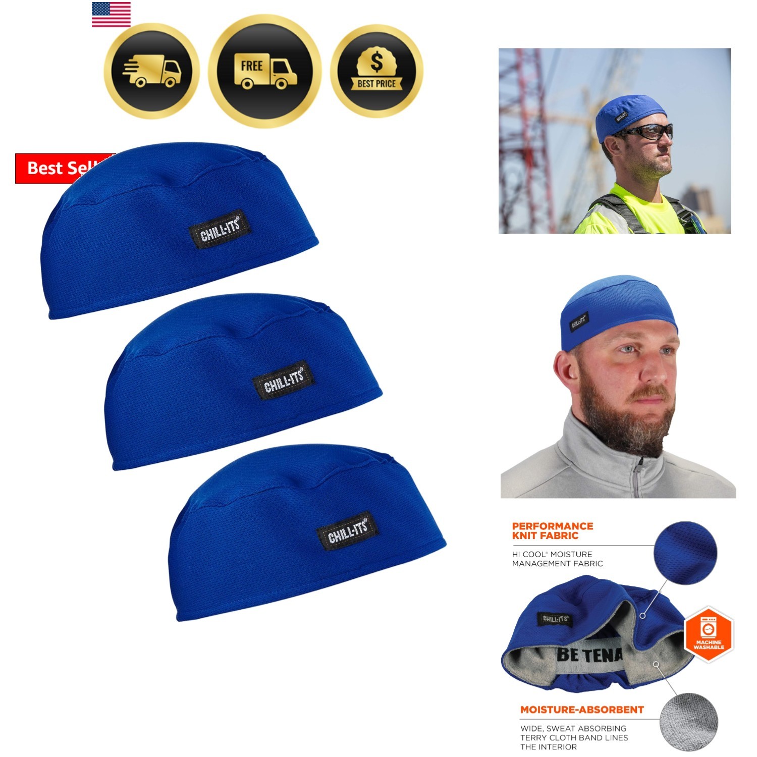 Chill Its 6630 Skull Cap, Lined with Terry Cloth Sweatband, Sweat Wicking,Blue