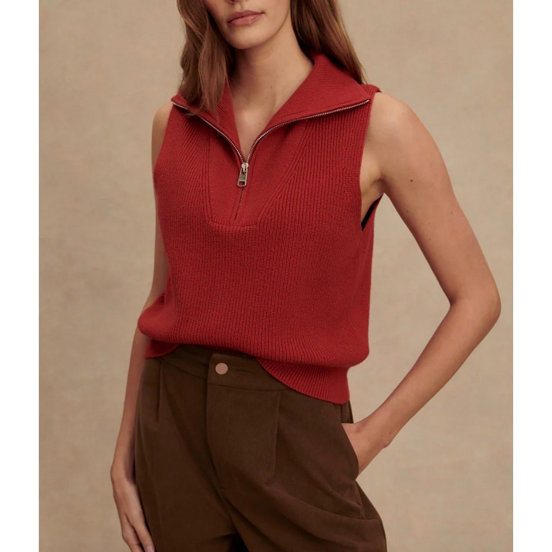 NWT Varley Amina Half-Zip Ribbed Sleeveless Knit Sweater Lava Falls Red Small