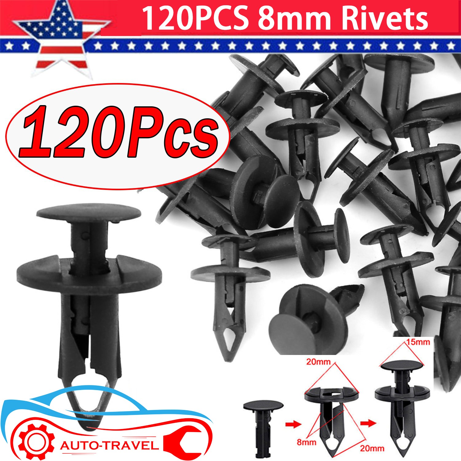 120PCS 8mm Bumper Clips Retainer Auto Car Plastic Rivets Fastener Fender Push