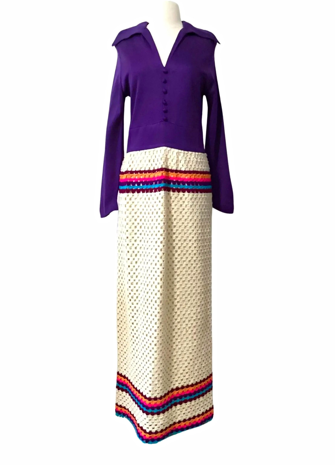 Vintage 1970s Lenny K Boho Purple Ivory Crocheted Maxi Dress
