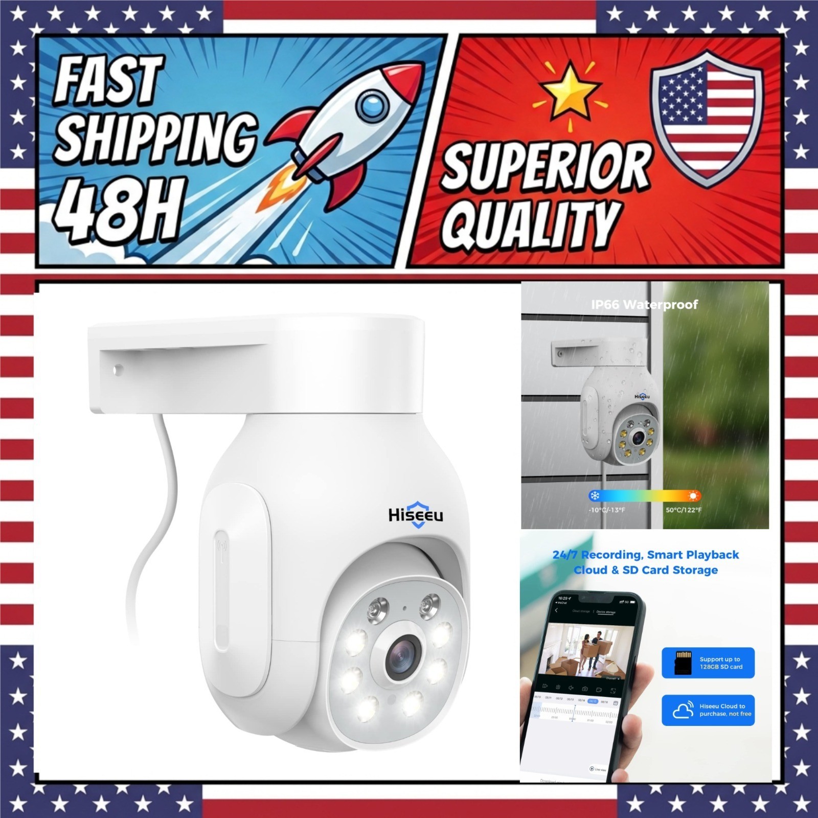 Hiseeu 5MP Wireless Security Camera Outdoor WiFi PTZ IP66 Color Night Vision
