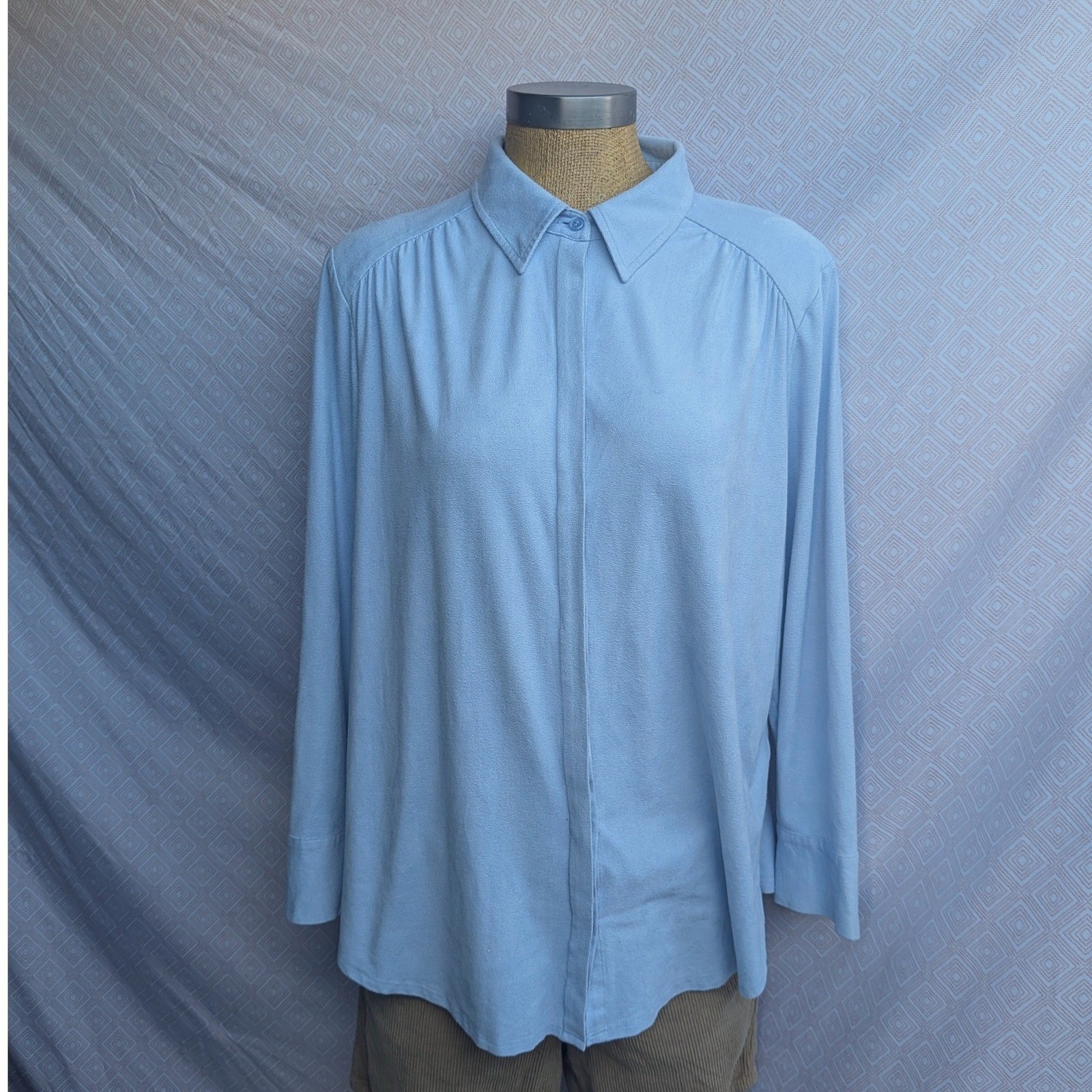 Chico\'s Button Down Shirt Women 2 Light Blue Excellent Faux Suede Long Sleeve