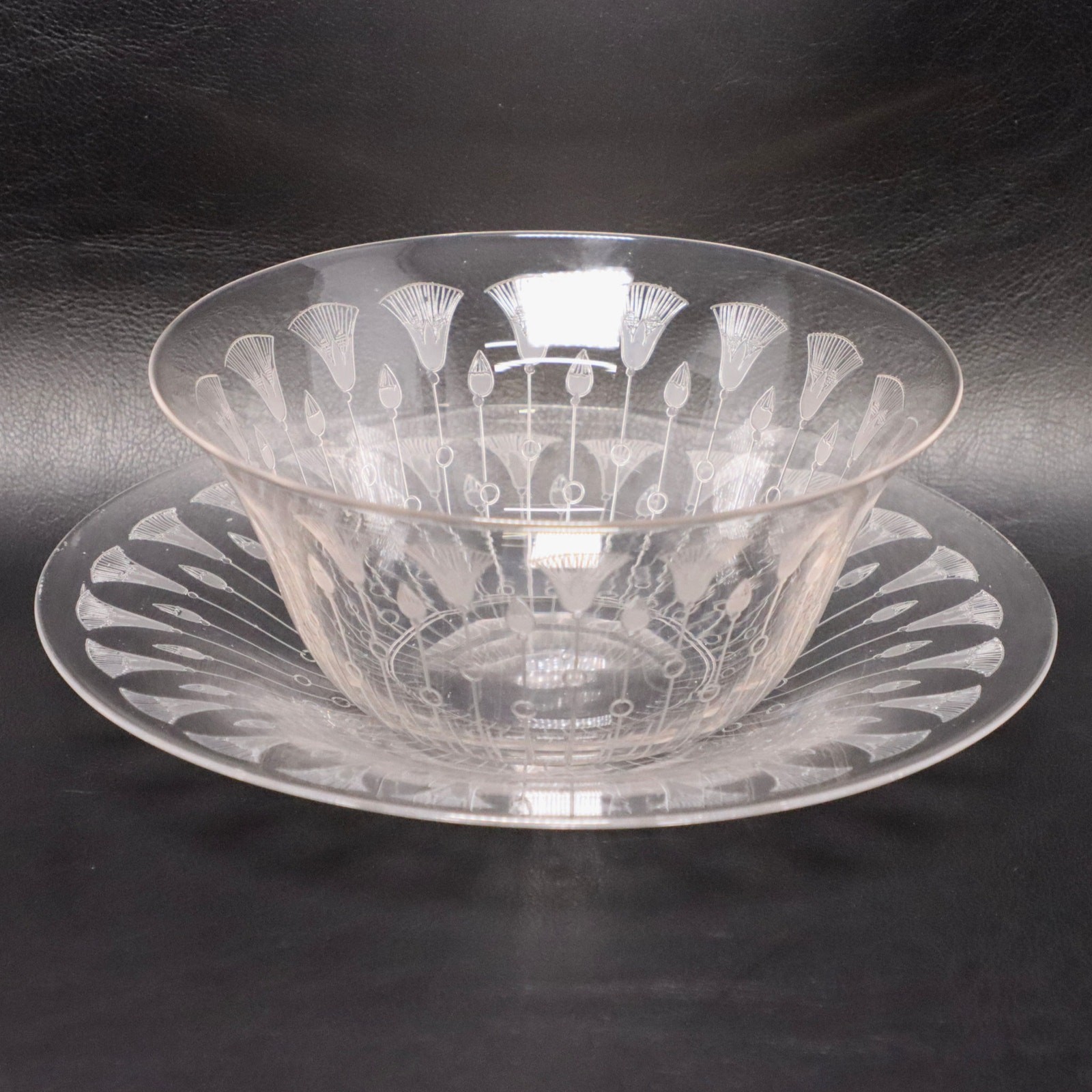 Dorflinger Kalana Lotus Etched Crystal Dessert Broth Bowl & Plate Glass Antique