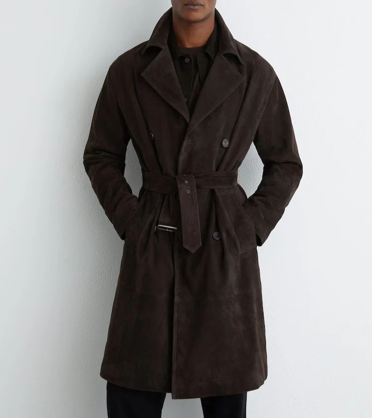 Dark Brown Men\'s Trench Coat Suede Lambskin Leather Handmade Stylish Soft Party