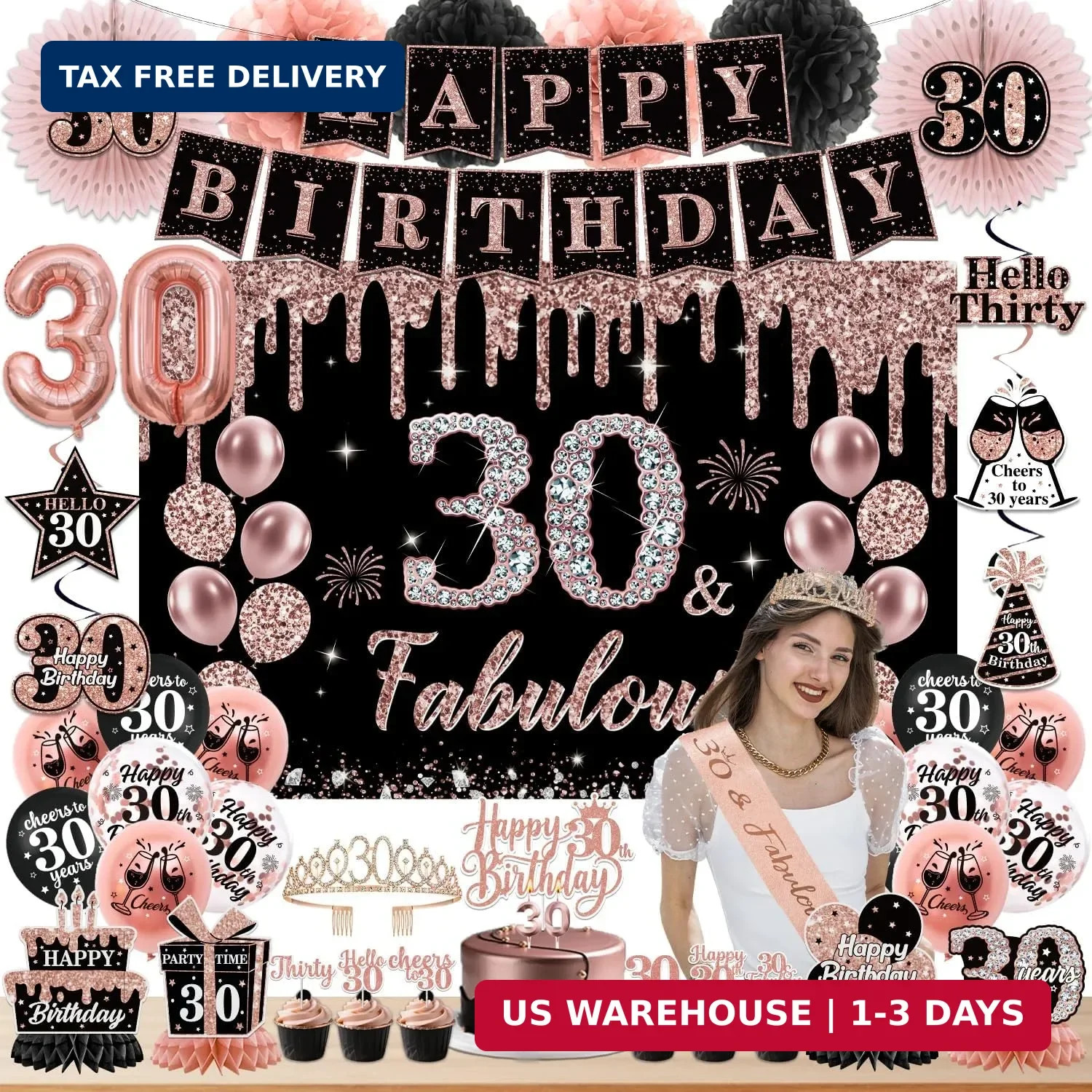 30th Birthday Decorations for Women 62PCS Rose Gold Black Party Decor Kit