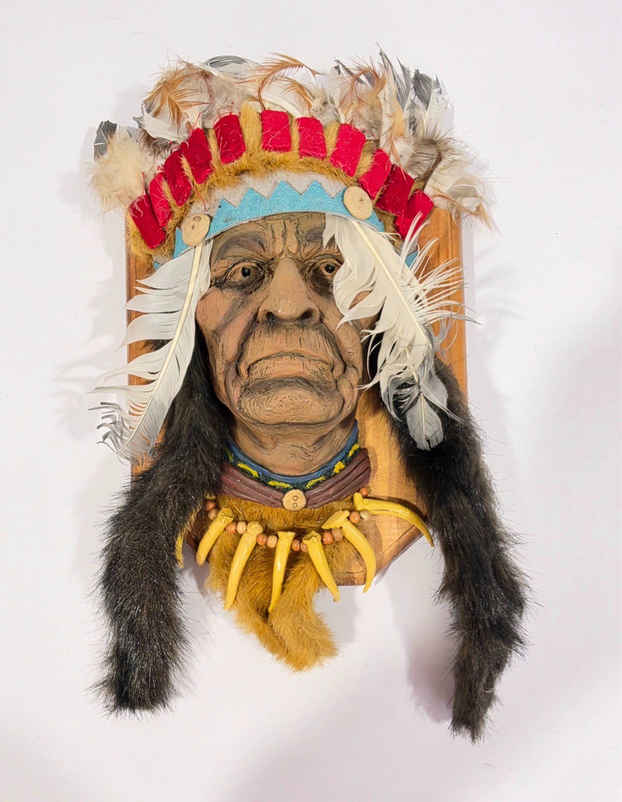 Vintage Native American Chief Wall Plaque 3D Resin Wood Base Faux Fur Feathers