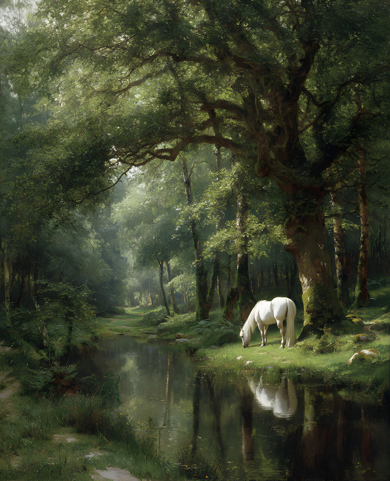 White Horse Grazing Beside Reflective Pond in Green Forest Print - 885926107