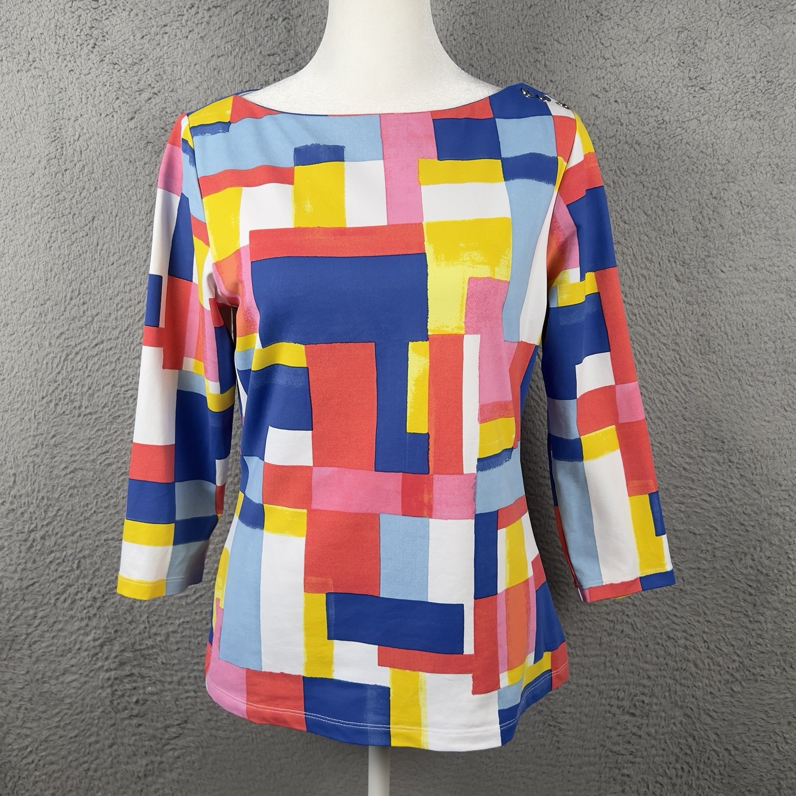 J Mclaughlin Top Womens Small Geometric Catalina Cloth 3/4 Sleeve Preppy Stretch