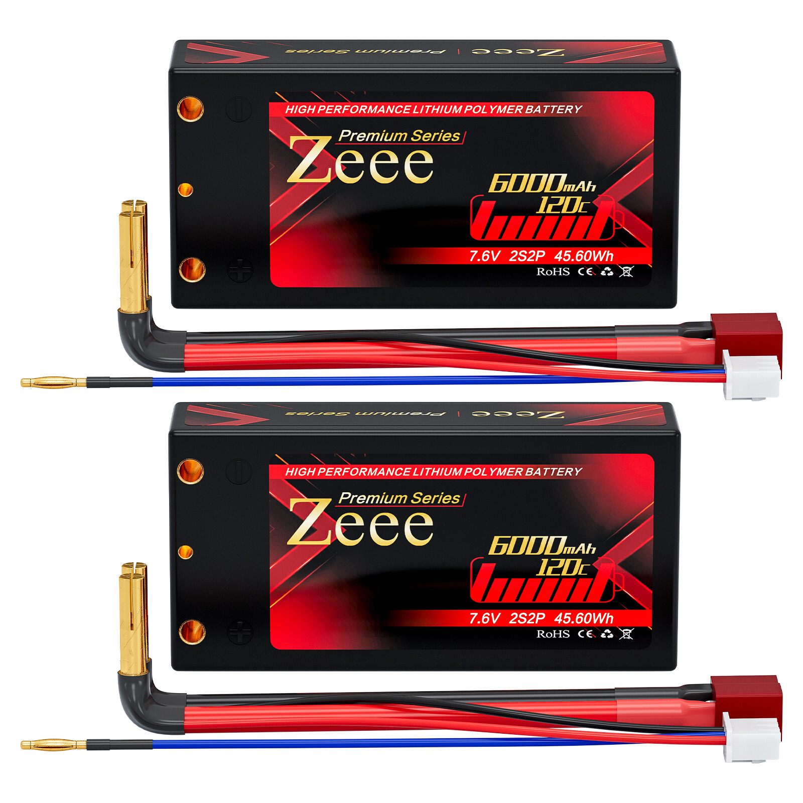 2xZeee 2S Shorty Lipo Battery 6000mAh 7.6V 120C 4mm Bullet to T Plug for RC Car