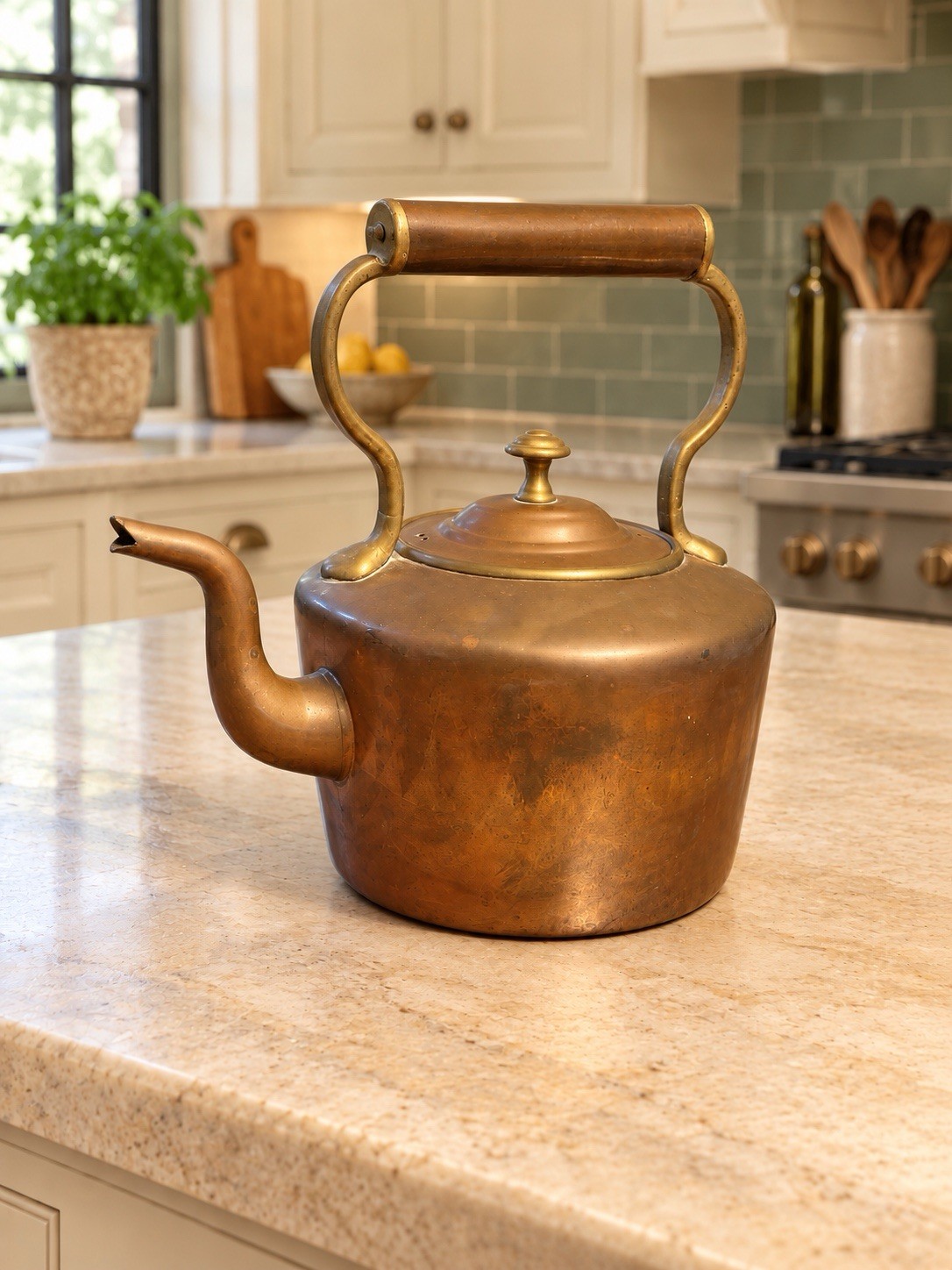 Antique Early 1800’s Dovetailed Copper Kettle Trefoil Brass Mounts. Original Lid