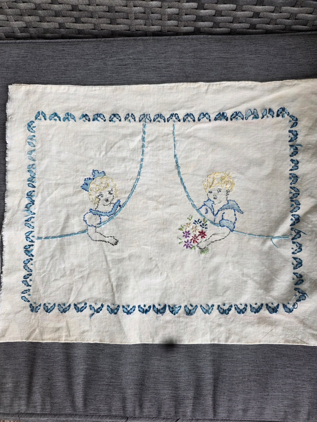 Antique Hand Embroidered linen  baby pillow cases .