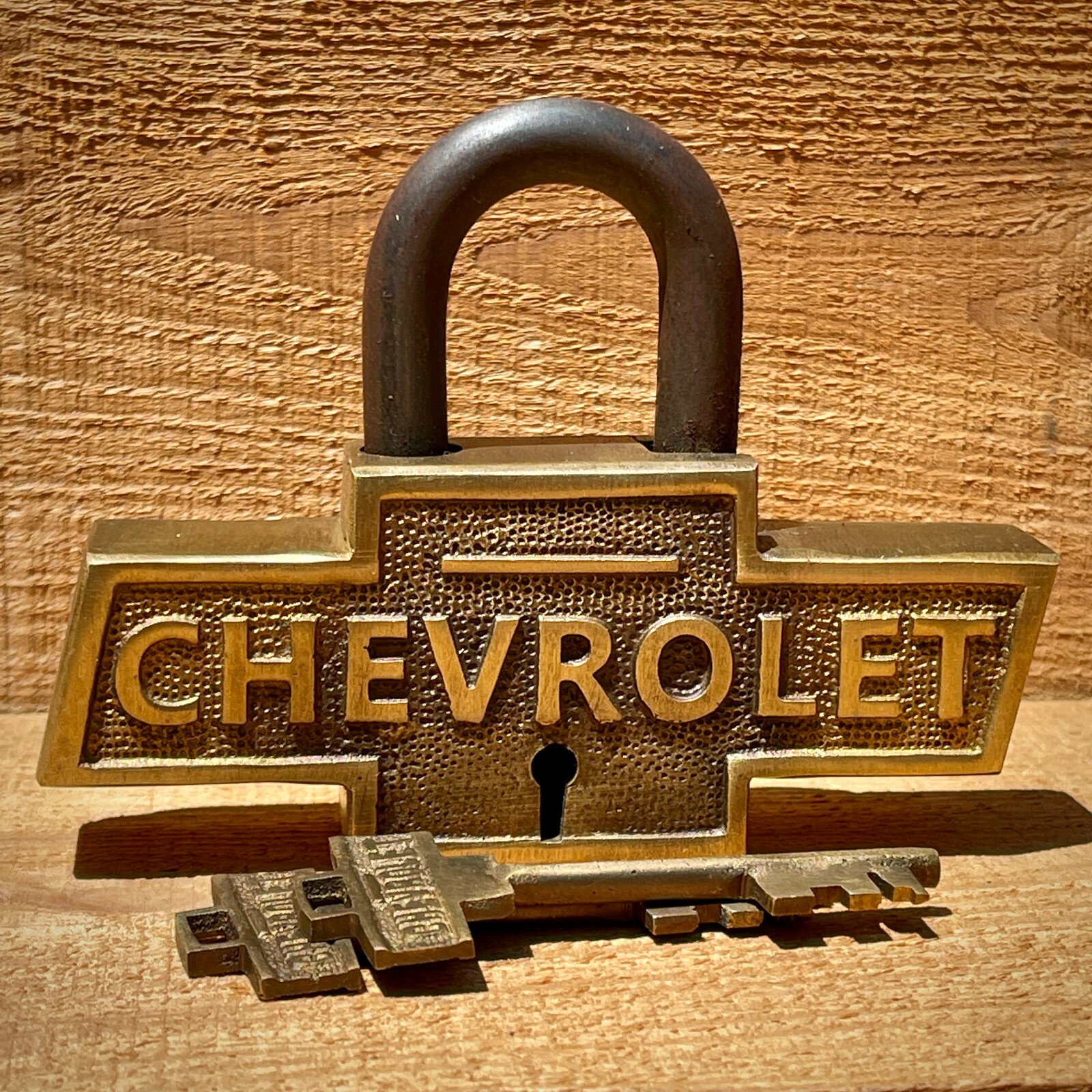 Chevrolet Large Brass Lock W/ Keys, Chevy Logo, Advertising, Antique Finish Chevrolet Large Brass Lock W/ Keys, Chevy Logo, Advertising, Antique Finish