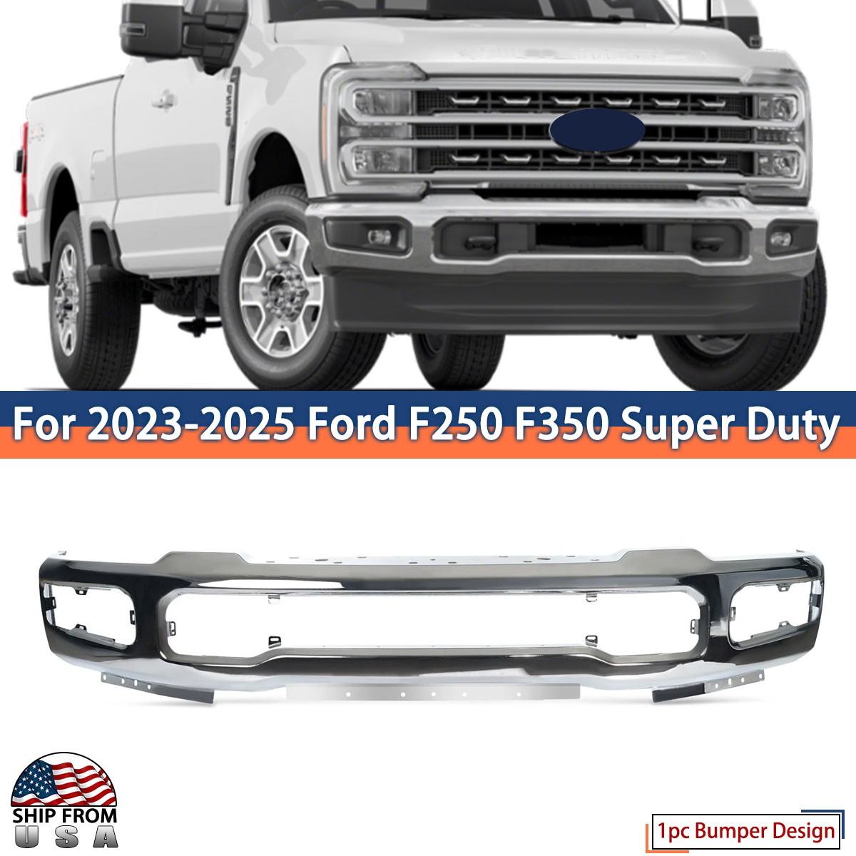 Fits Ford F250 F350 F450 Super Duty 2023-25 Chrome Front Bumper Face Bar W/ Hole