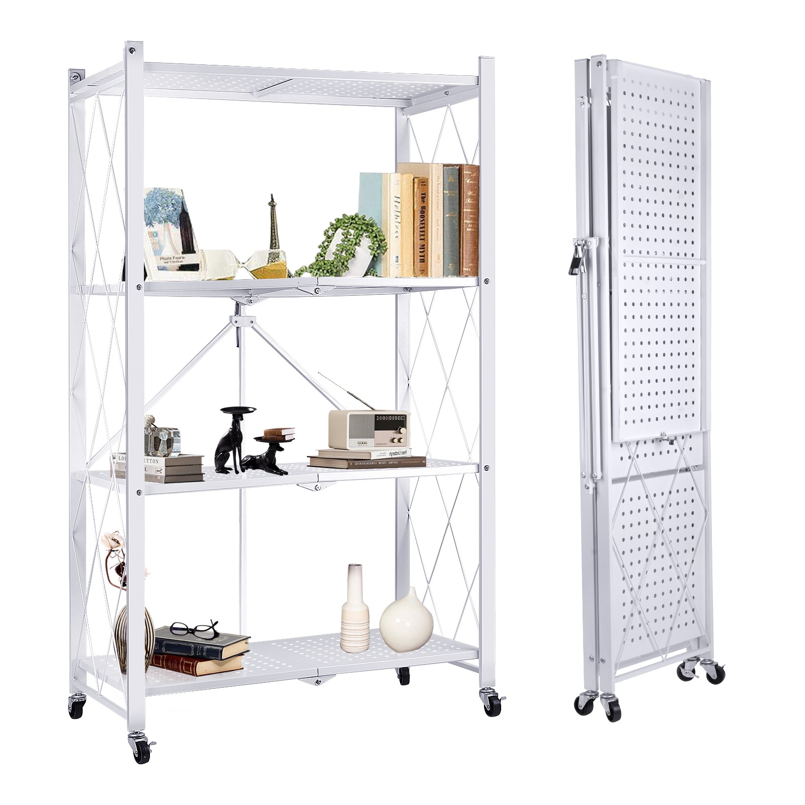 4-Tier Heavy-Duty Storage Rack – Foldable Shelving Wheels Kitchen Garage Sturdy