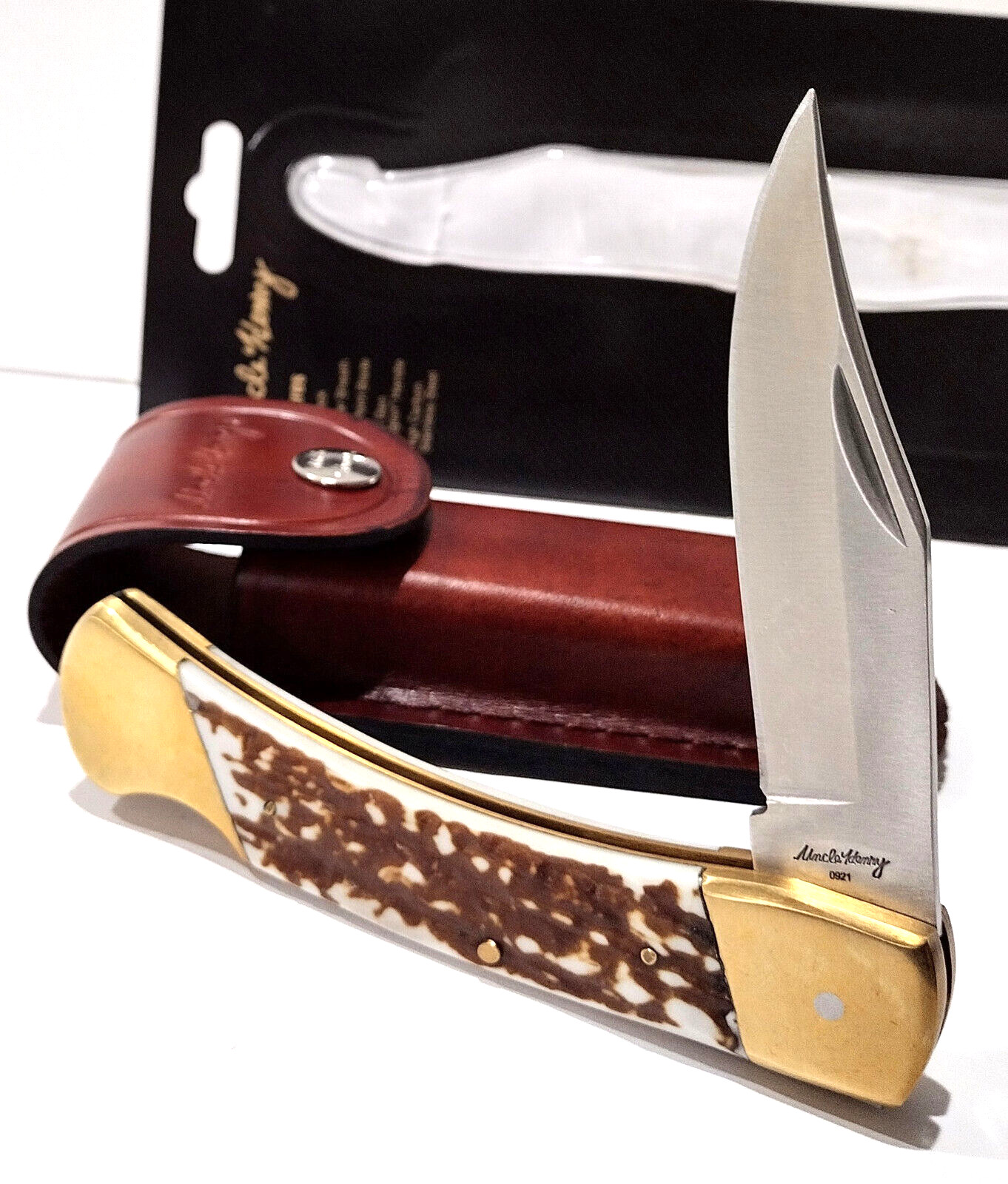 Schrade Uncle Henry PAPA BEAR Lockback Skinning Knife + Leather Belt Sheath LB8