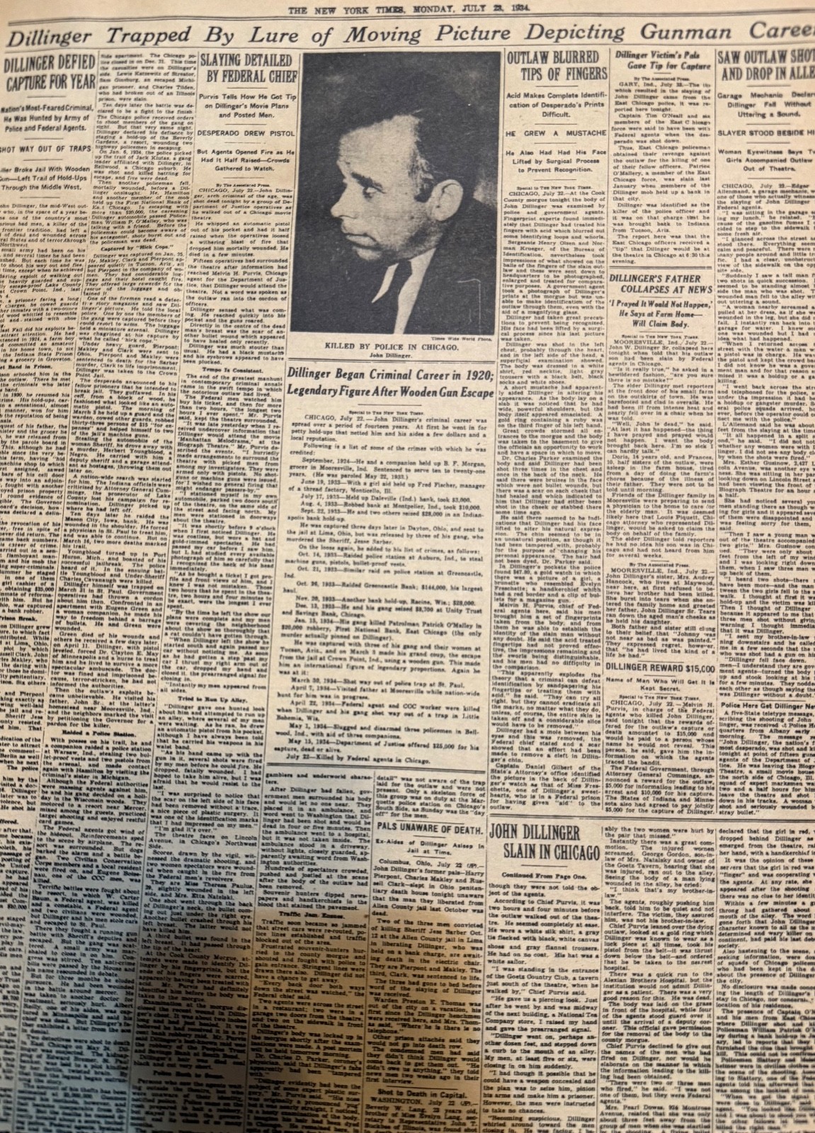 Vintage Killing of John Dillinger NEW YORK TIMES News Article Estate Sale Find Vintage Killing of John Dillinger NEW YORK TIMES News Article Estate Sale Find