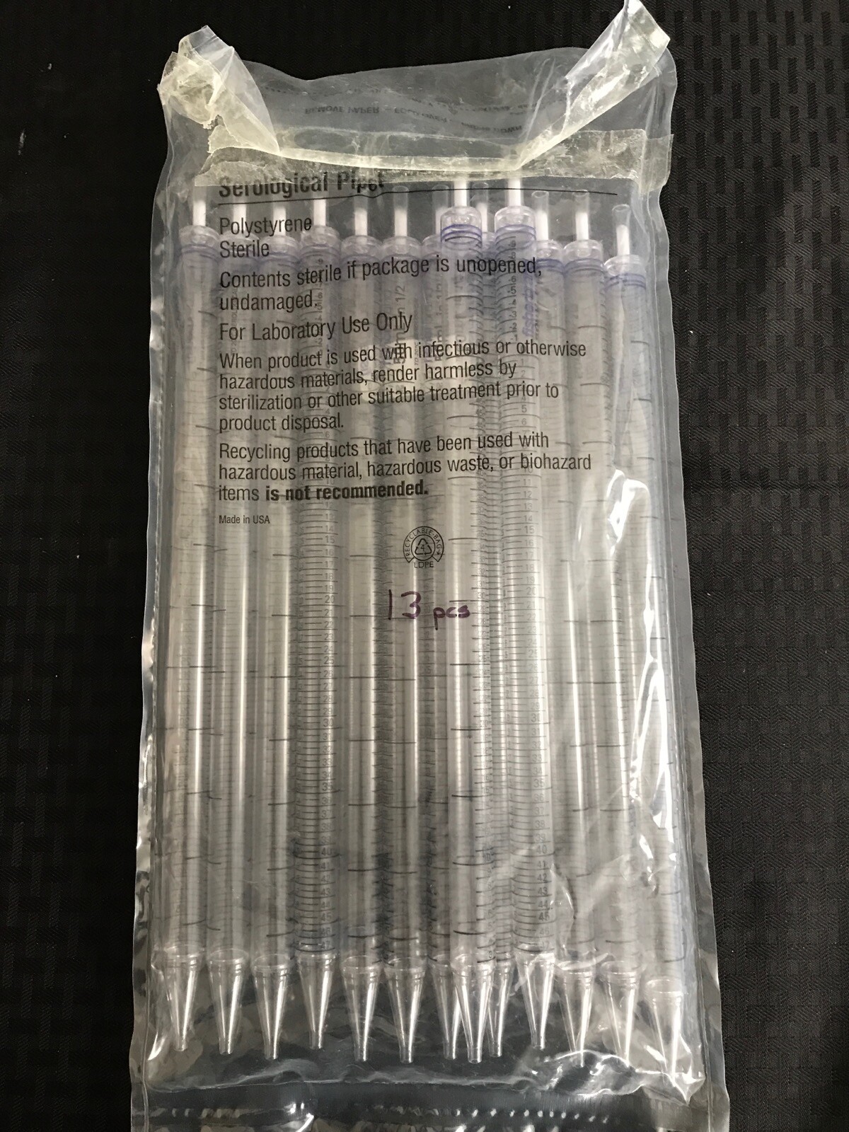 (13) FISHERBRAND 50mL Polystyrene TD Graduated Serological Pipet Plug Purple