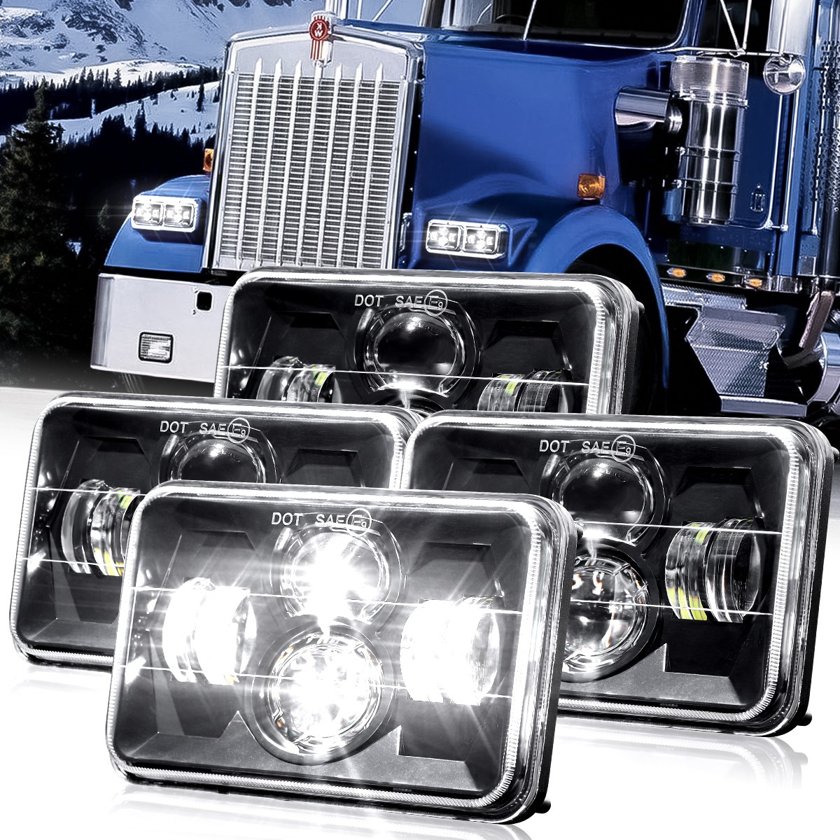 4x6 LED Headlights 4PCS 65W Hi/Low Sealed Beam For Kenworth T600 T800 W900