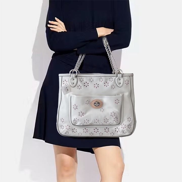 NEW COACH KRISTIN Leather Embroidery Daisy Eyelet Chain Shoulder Tote Bag Purse