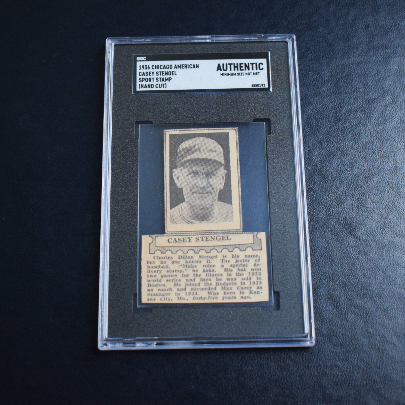 Vintage 1936 Casey Stengel Chicago American Sport Stamp, SGC Authentic, 0 Higher Vintage 1936 Casey Stengel Chicago American Sport Stamp, SGC Authentic, 0 Higher