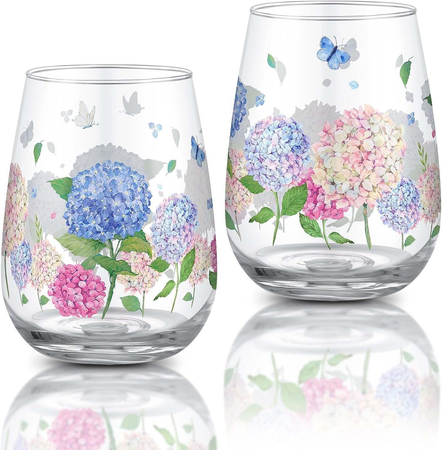 2pcs Floral Stemless Wine Glasses 17oz Hydrangea Drinking Cups Glasses Spring