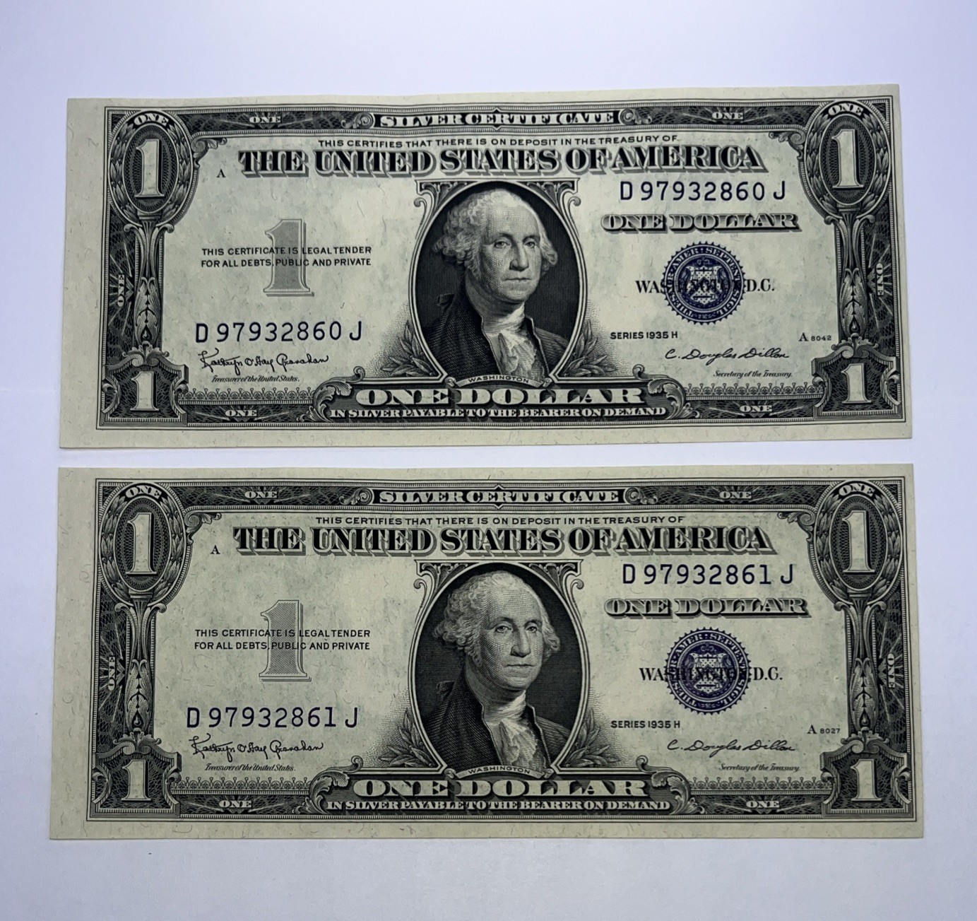 1935H SILVER CERTIFICATES WITH MOTTO OUT OF CENTER ERRORS CONSECUTIVE SET OF TWO 1935H SILVER CERTIFICATES WITH MOTTO OUT OF CENTER ERRORS CONSECUTIVE SET OF TWO