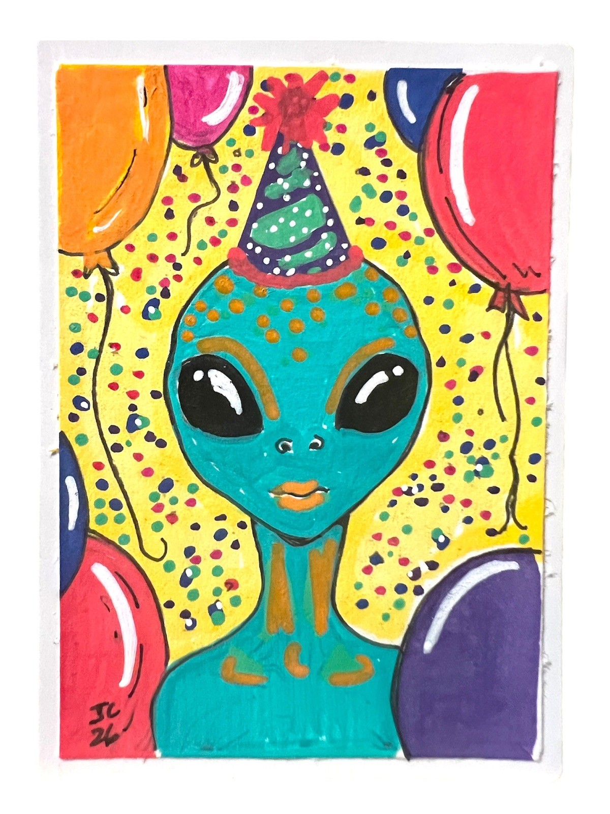 ACEO Original Painting Alien Birthday Party OOAK Art Card Signed By JL Canaday ACEO Original Painting Alien Birthday Party OOAK Art Card Signed By JL Canaday