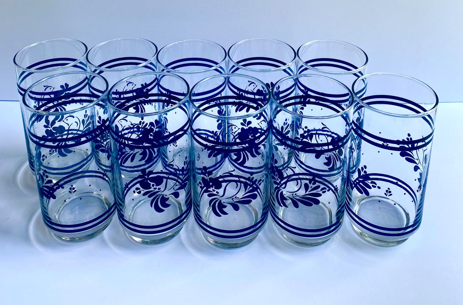 Set-10 Pfaltzgraff FOLK ART 14 Oz Glass Beverage Drinking Glasses Tumblers Vtg