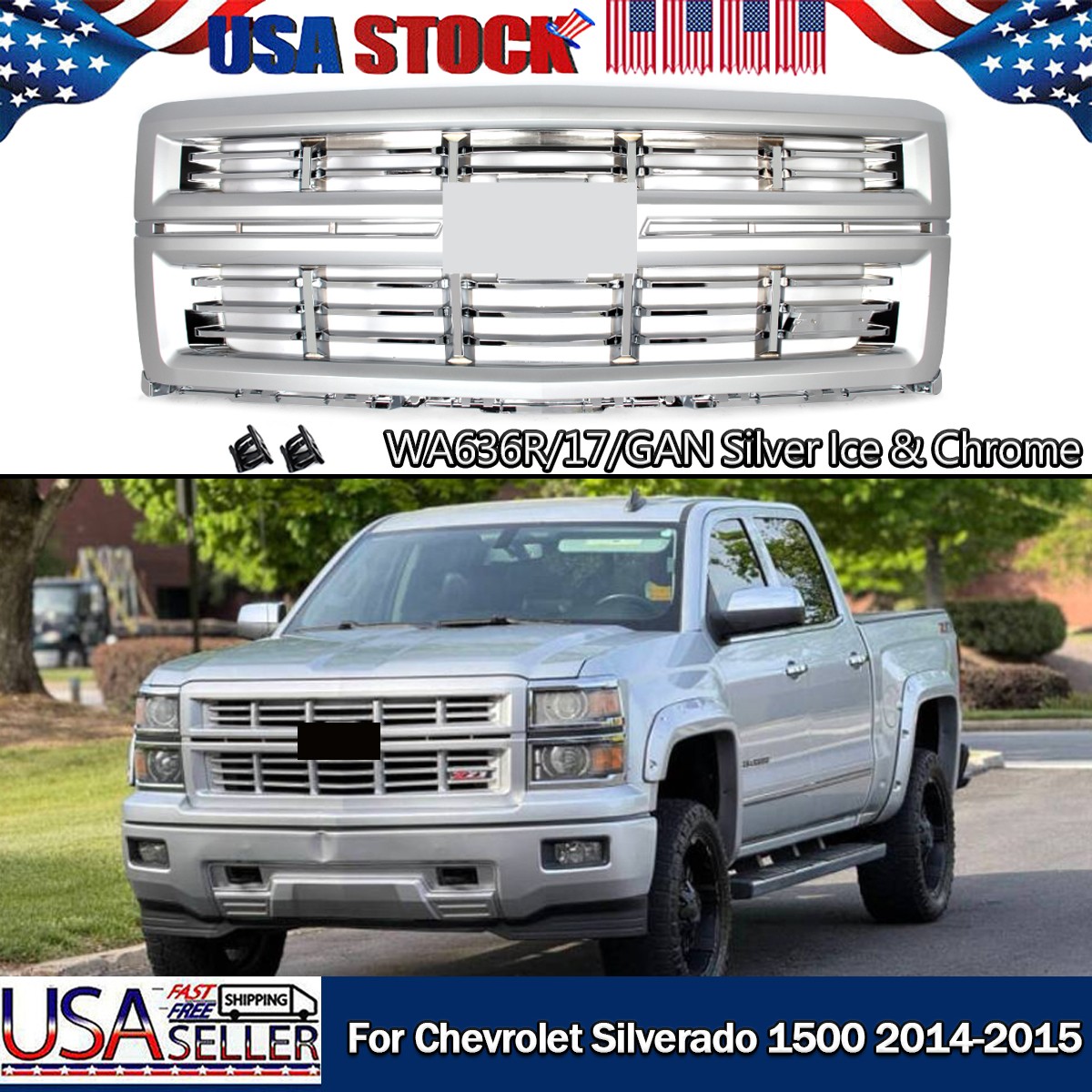 FOR 2014-15 CHEVROLET SILVERADO 1500 SILVER ICE FRONT BUMPER GRILLE CHROME GRILL