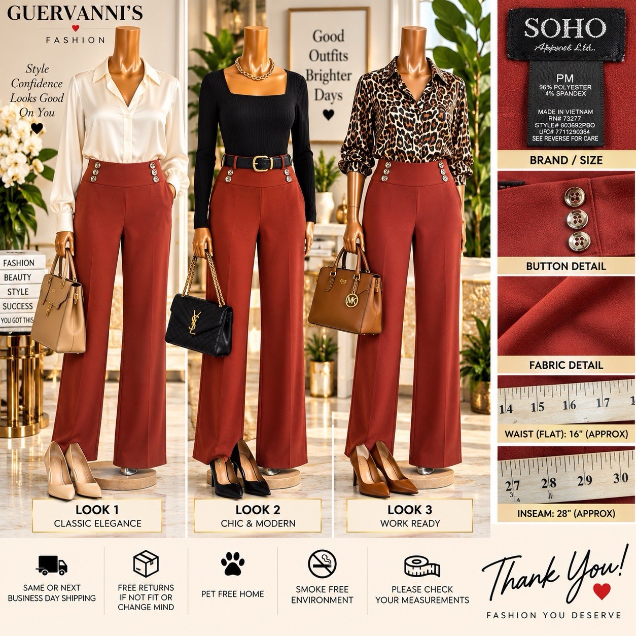 SOHO Apparel Ltd Womens M Brick  Stretch Dress Pants Button Detail Pull On Caree