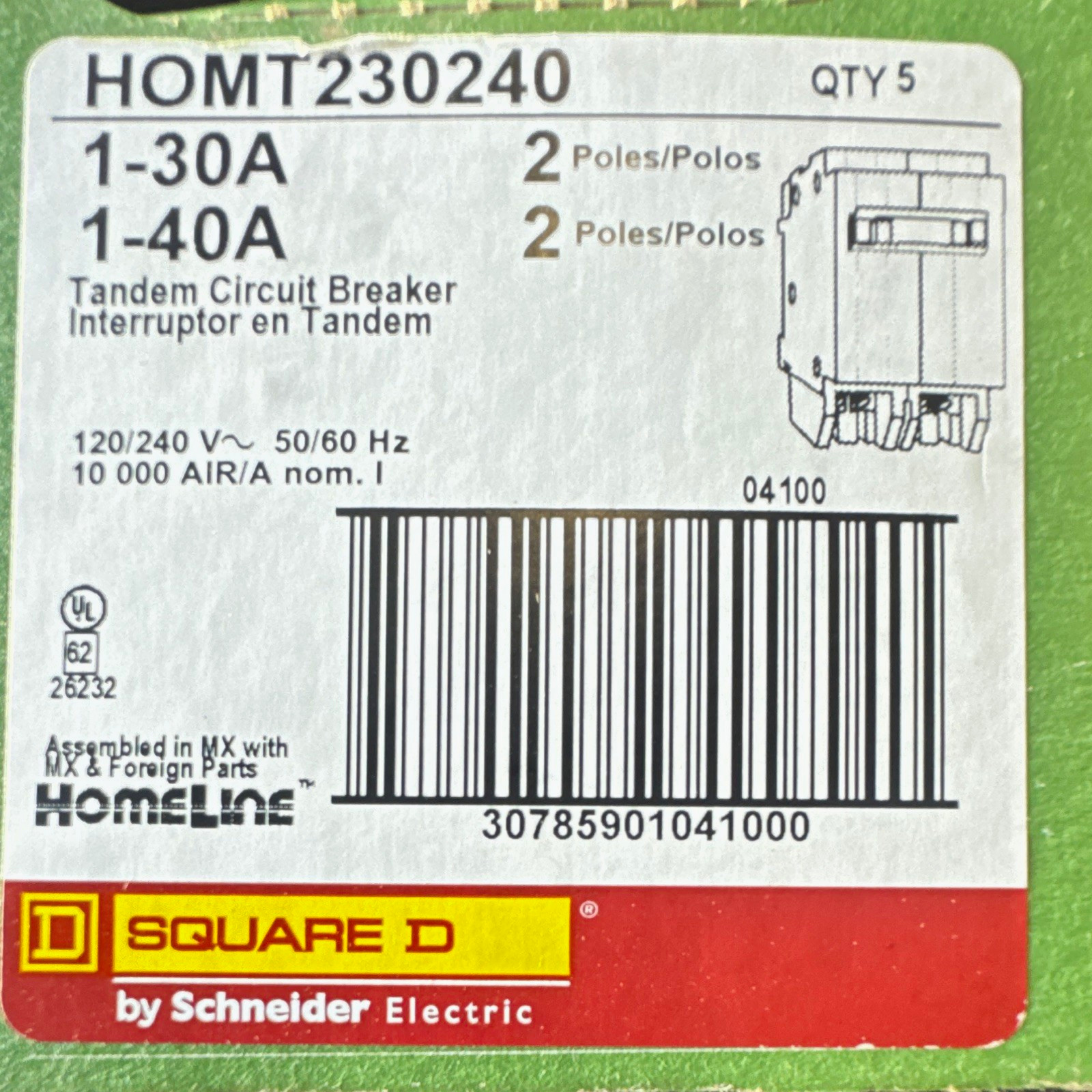 Square D HOMT230240 Homeline Tandem Breaker 30/40A 2-Pole 120/240VAC 5pk