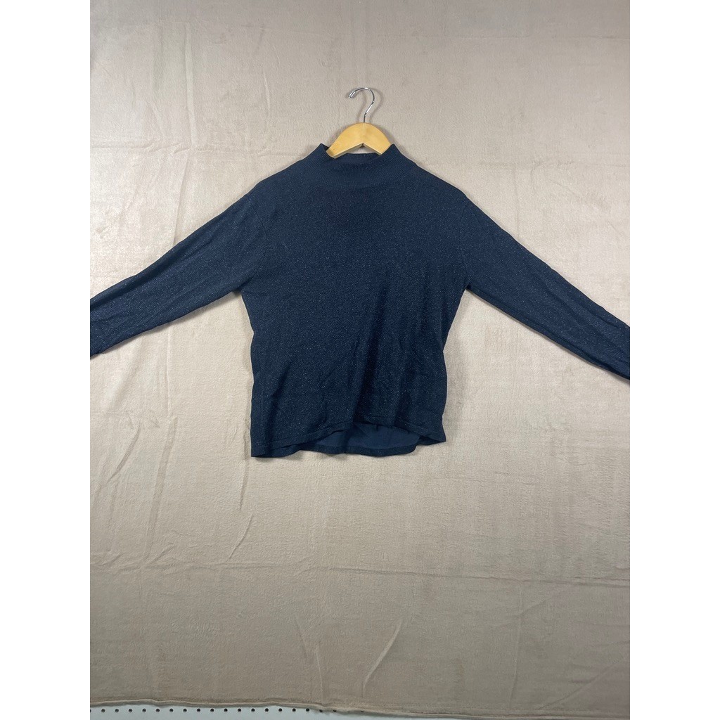 Talbots Womens Navy Blue Metallic Shimmer Mock Neck Long Sleeve Sweater Size S
