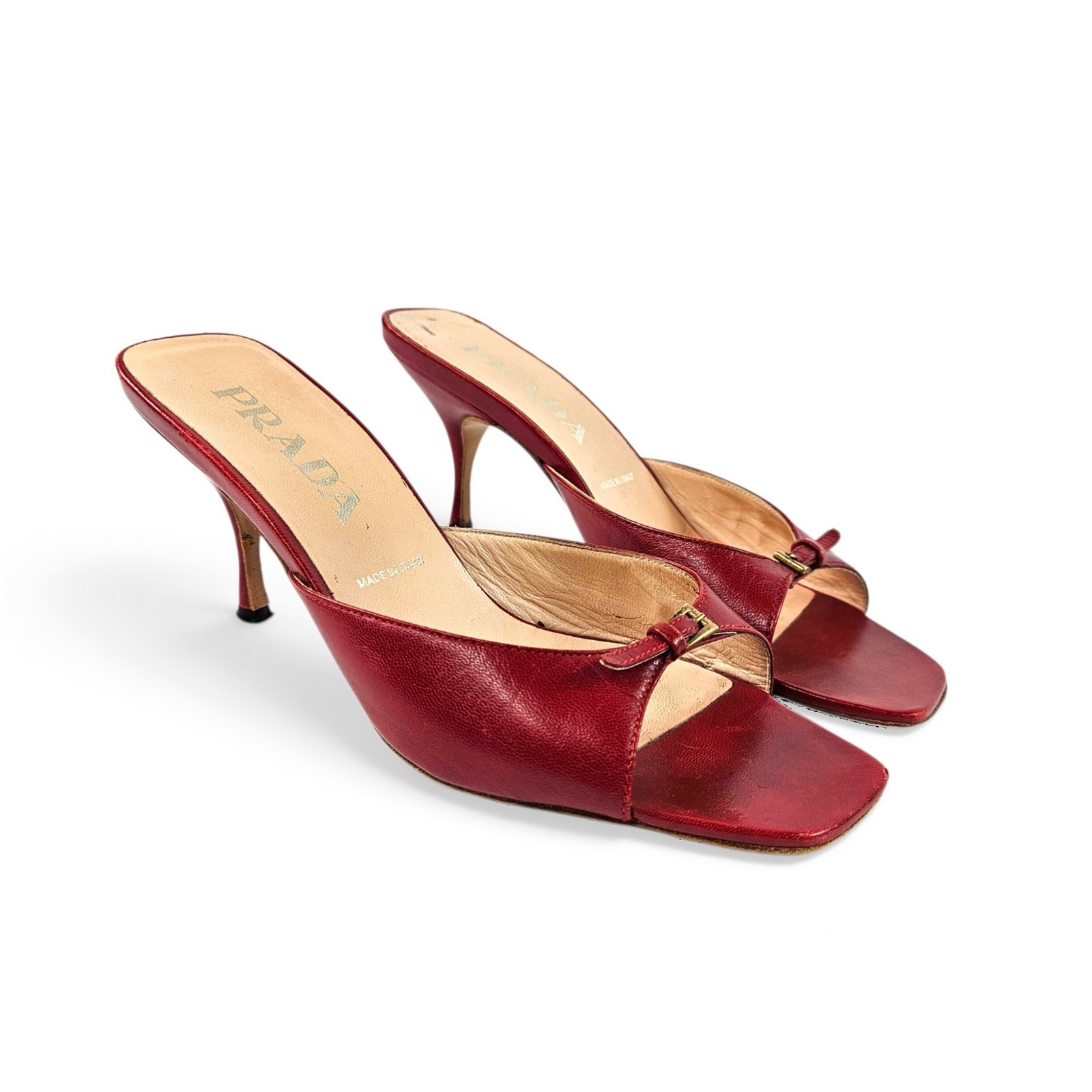 Vintage Prada Kitten Heels Red Leather Buckle Mules - 36.5 EU (US 6) Vintage Prada Kitten Heels Red Leather Buckle Mules - 36.5 EU (US 6)